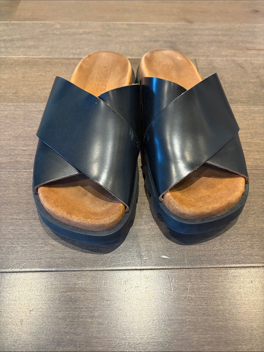 Camper Black Leather Cross-Band Slide Sandals